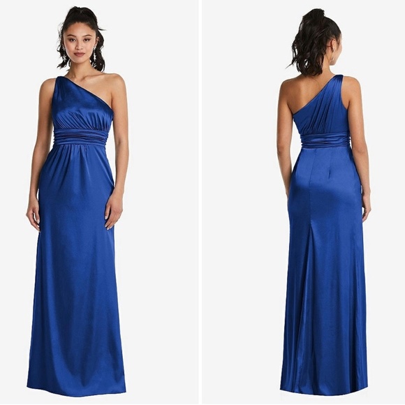 Thread‎ One-Shoulder Draped Satin Maxi Dress In Sapphire Size 22 - Picture 1 of 9